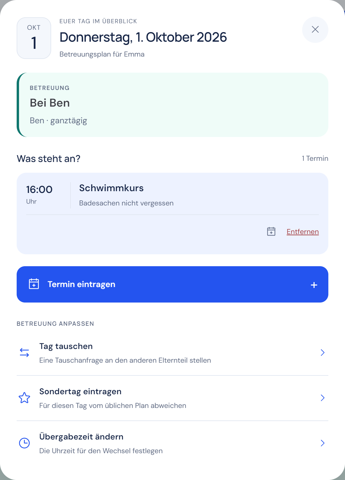 Tagesdetail im Wechselplan-Kalender: Betreuung bei Ben, Schwimmkurs um 16 Uhr und Aktionen für Termine, Tausch, Sondertag und Übergabezeit.